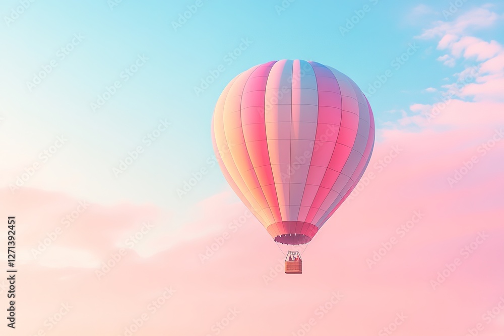Fototapeta premium Vibrant Hot Air Balloon Adventure: A Colorful, Isolated Flight Above the Clouds. Perfect for travel brochures, children's books, whimsical designs, greeting cards, and more! This high-resolution image