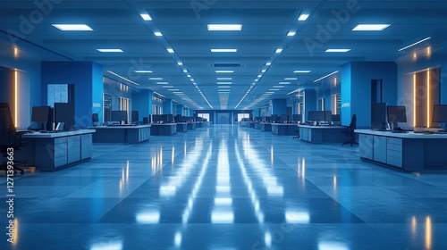 Modern office interior with blue lighting and empty workspaces