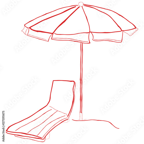 hand drawn line art vector of a beach side chair and shade.