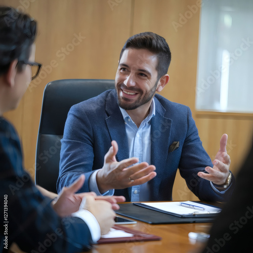 El español con el que se habla en la sala de juntas. Tiene una expresión de confianza y una sonrisa.