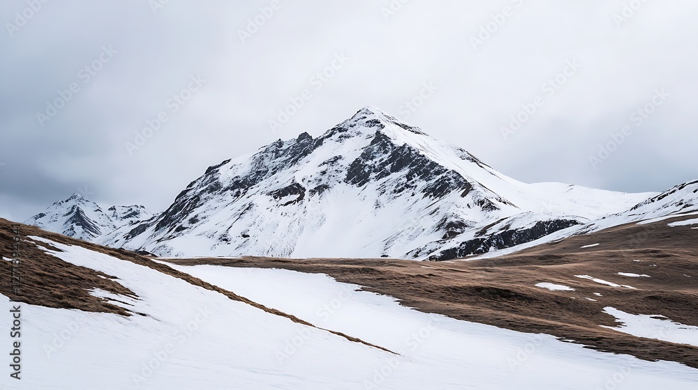 Fototapeta premium Majestic snow capped mountain peak under a cloudy sky in a rugged landscape : Generative AI