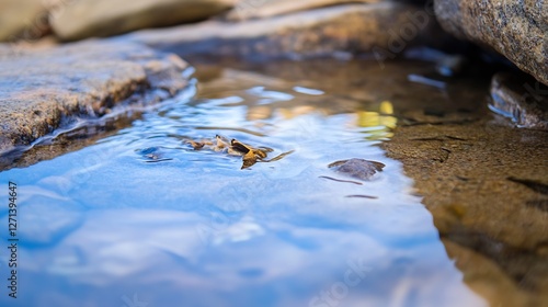 Calm and clear stream of water flowing over smooth stones in a serene environment : Generative AI photo