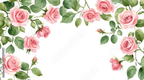 Border made of pink watercolor roses flowers and green leaves, wedding and greeting illustration