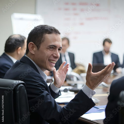 El español con el que se habla en la sala de juntas. Tiene una expresión de confianza y una sonrisa.