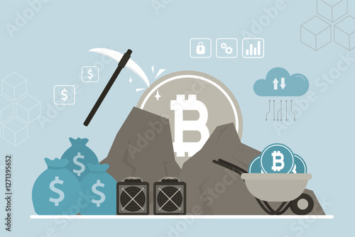 Mining money using video cards, collect crypto money. Giant pickaxe to get bitcoin in stone. Extracting cryptocoin out of rock. Concept of bitcoin or cryptocurrency mining