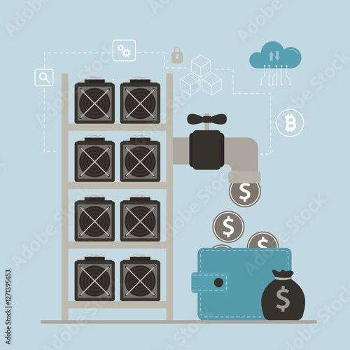 Cryptomining farm concept. Cryptocurrency mining equipment. Mining crypto currency bitcoin using GPU or video cards. Dollar coins pouring from tap into digital wallet,