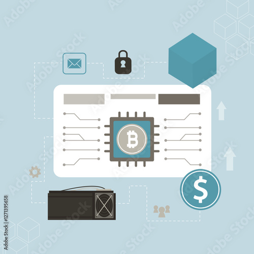 Cryptocurrency mining equipment, bitcoin digital currency extract, blockchain technology system. crypto currency mining farm. Creation of bitcoins.