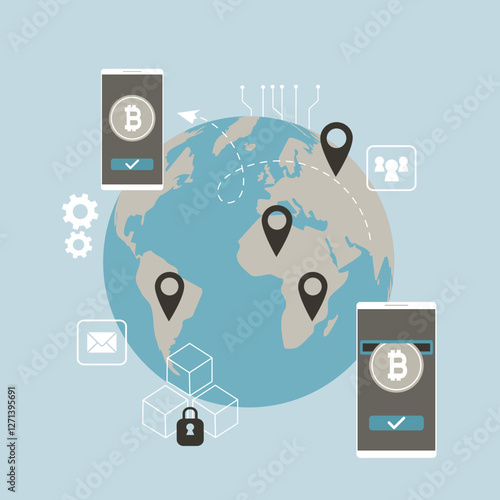 Concept of transferring and converting bitcoin. Crypto market, digital money. Mobile app for p2p exchange and trading. Global bitcoin transactions. blockchain technology system.