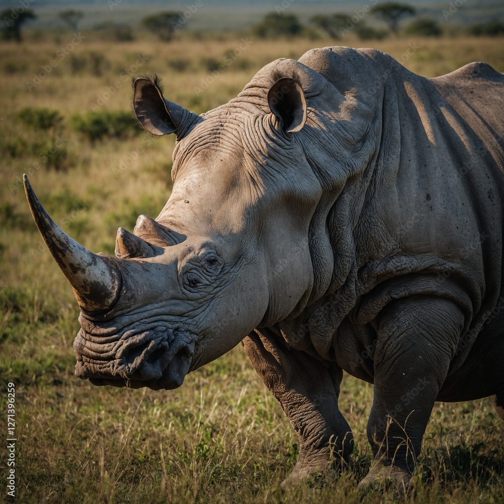 Fototapeta premium rhino in the wild White Rhinoceros Standing in a Field of Grass Rhinoceros close view in jungle Close Up of a Rhinoceros in a Field