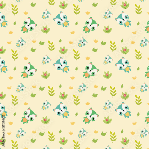 Playful Cartoon Fox Pattern with Crowns, Leaves, and Flowers