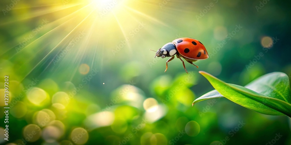 A ladybug in flight, poised to land on a vibrant green leaf, bathed in the warm glow of sunlight, a serene moment in nature's embrace. A ladybug in flight, poised to land on a vibrant green leaf, bathed in the warm glow of sunlight, a serene moment in nature's embrace.