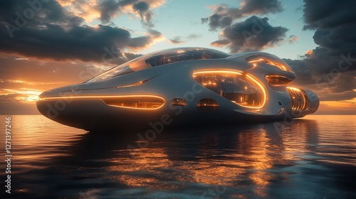 Futuristic Luxury Yacht Sunset Ocean Cruise Modern Design Elegant Vessel Seascape Night Lightscape Dramatic Sky Calm Waters Premium High Quality Image photo