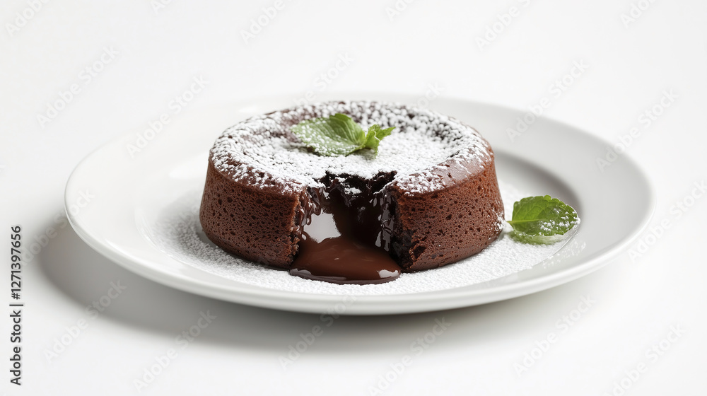 Close-up of chocolate lava cake with a molten center oozing out, dusted with powdered sugar and garnished with a fresh mint leaf, served on a simple white plate against a pure white background Close-up of chocolate lava cake with a molten center oozing out, dusted with powdered sugar and garnished with a fresh mint leaf, served on a simple white plate against a pure white background