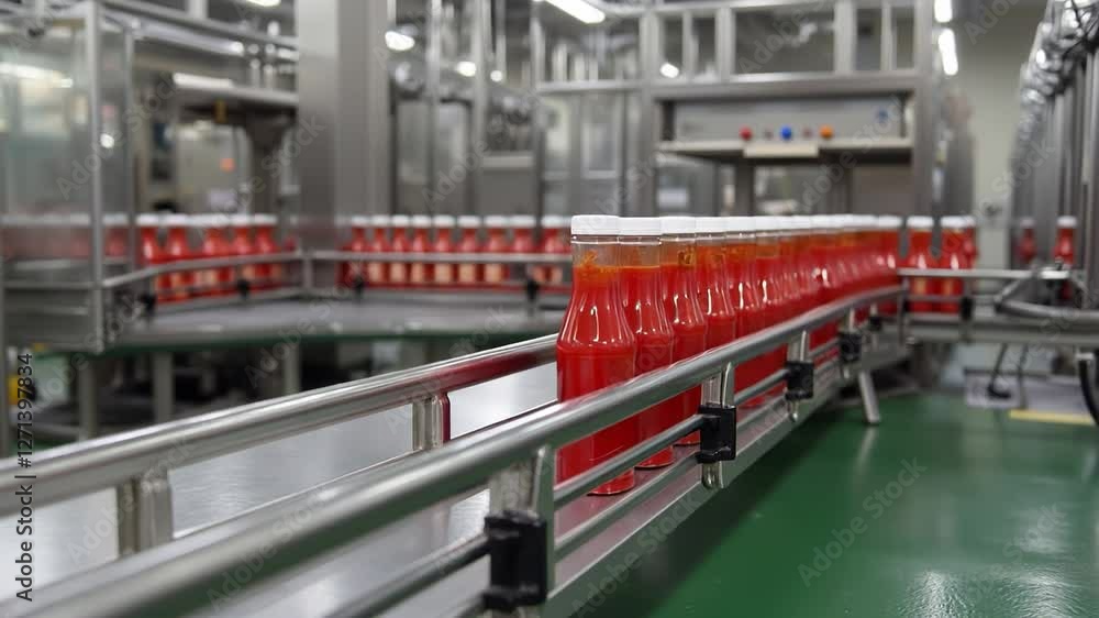 Bottles filled with bright red sauce move along a conveyor in a modern food processing Bottles filled with bright red sauce move along a conveyor in a modern food processing