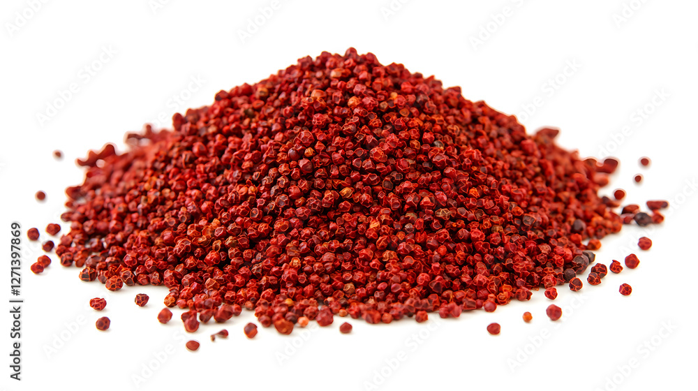 A pile of Szechuan peppercorns on a white background, showing their rich red color and fine texture. A pile of Szechuan peppercorns on a white background, showing their rich red color and fine texture.
