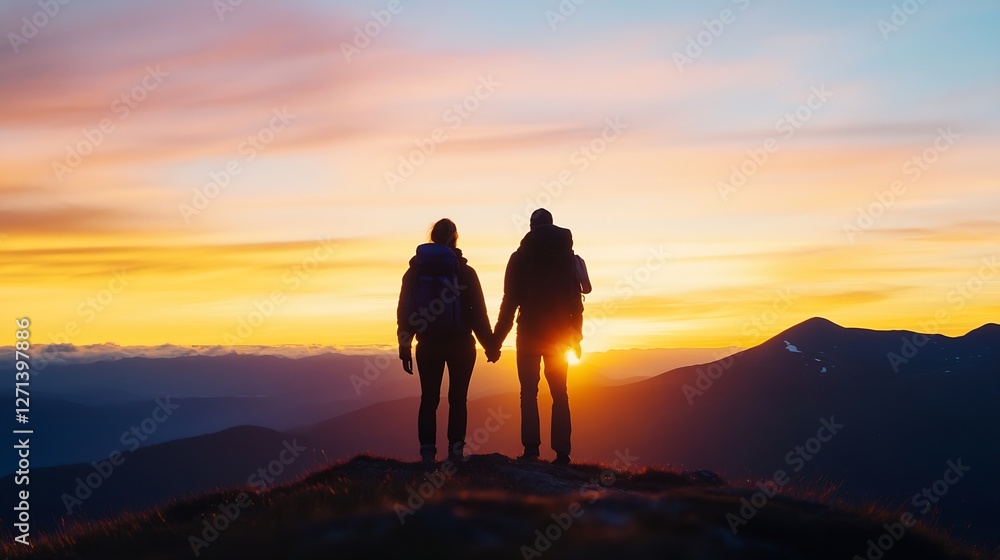 Fototapeta premium Silhouette of a Couple Holding Hands Against a Stunning Sunset Over Mountainous Landscape : Generative AI