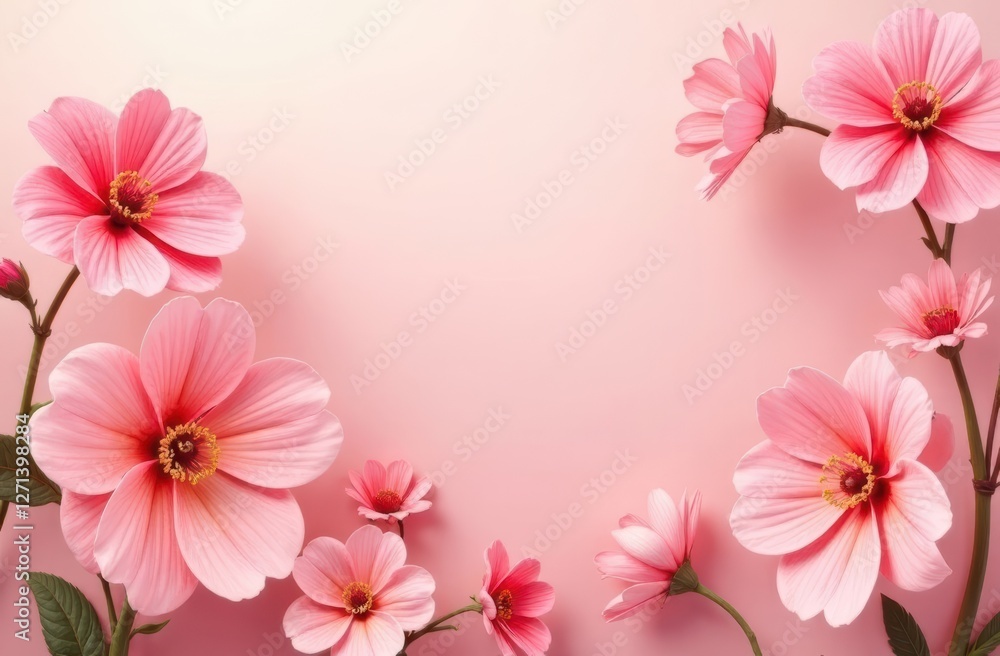 Pink cosmos flowers create a delicate frame on a pink background, perfect for mother's day or women's day celebrations.Delicate pink flowers frame a mother's day or women's day banner Pink cosmos flowers create a delicate frame on a pink background, perfect for mother's day or women's day celebrations.Delicate pink flowers frame a mother's day or women's day banner