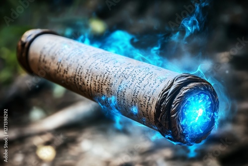 A magical ancient scroll questionnaire floating in the air, answering itself with glowing ink