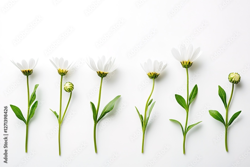 Fototapeta premium Daisy Life Cycle: From Bud to Bloom - A Stunning Photographic Journey Through Nature's Exquisite Transformation. Witness the captivating stages of growth, from tightly furled bud to vibrant, fully 