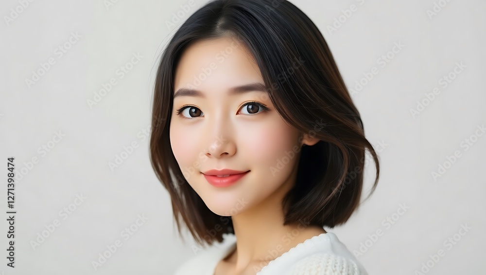 Front-Facing Portrait of a Young Korean Woman with Round Face and Perfect Symmetry Front-Facing Portrait of a Young Korean Woman with Round Face and Perfect Symmetry