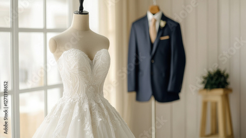 Elegant bridal gown displayed on mannequin with suit in background, Elegant Wedding Day Scenes in a Hotel Room or Bridal Suite.