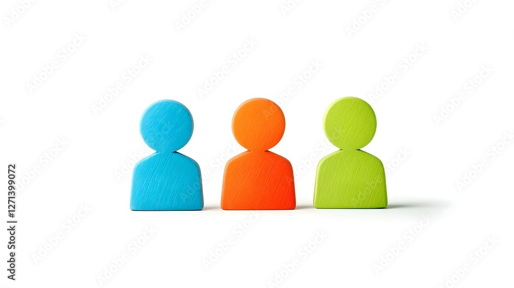 Three Colorful Wooden Person Figures on White Background Three Colorful Wooden Person Figures on White Background