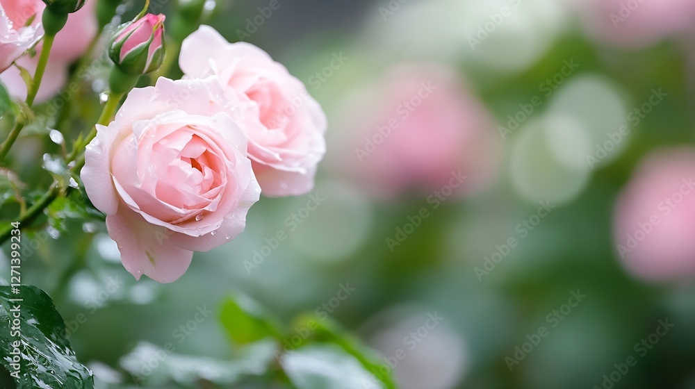 Beautiful close up of soft pink roses with water droplets in a lush green garden setting : Generative AI Beautiful close up of soft pink roses with water droplets in a lush green garden setting : Generative AI