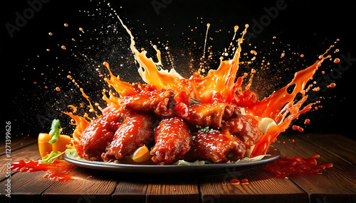 Hot and crispy fried chicken wings with vibrant ranch and buffalo sauce splashes, energetic and mouthwatering Super Bowl concept, bright setting