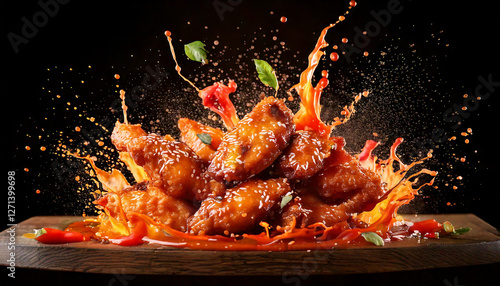 Hot and crispy fried chicken wings with vibrant ranch and buffalo sauce splashes, energetic and mouthwatering Super Bowl concept, bright setting