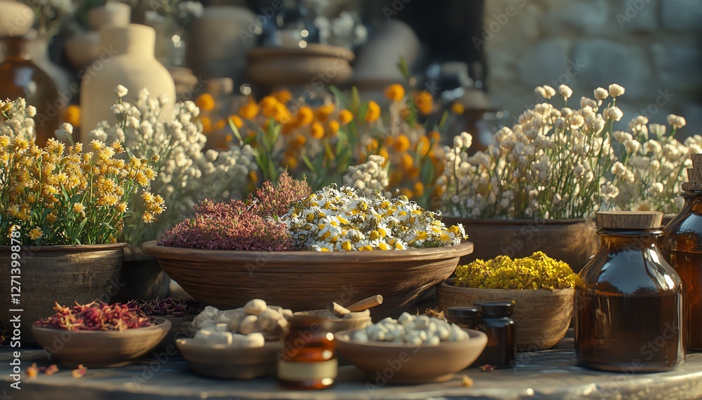 Fototapeta premium A closeup of traditional herbal medicine, showcasing handpicked plants and natural remedies in an ancient setting, ultrarealistic, warm lighting, natural textures, 8K resolution