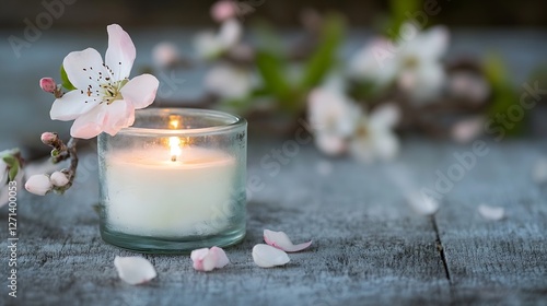 Beautiful Decorative Candle Surrounded by Delicate Flower Petals on a Rustic Table : Generative AI photo