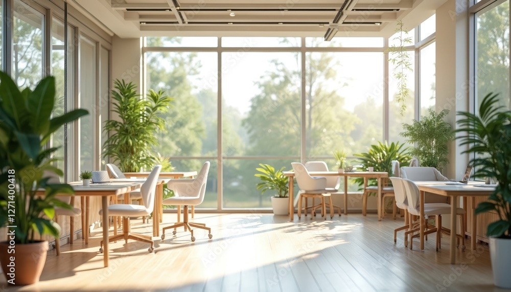 Fototapeta premium Bright sunlit eco office space with plants. Modern interior with big windows, plants. Work desks, chairs, nature view outside. Sustainable business, fresh workplace, productive environment, biophilic