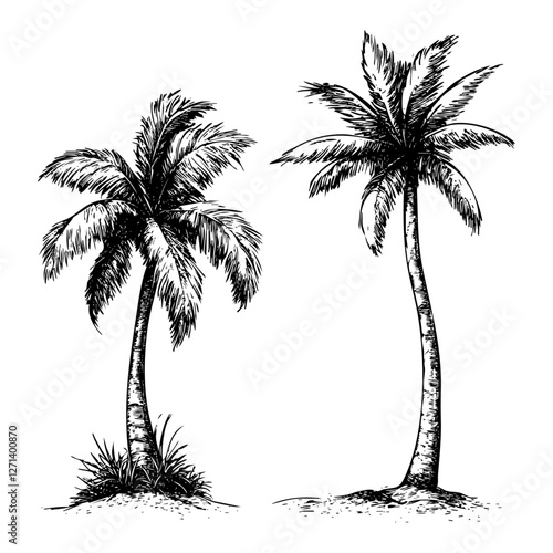 Hand Drawn Illustrations Of Two Palm Trees With Detailed Leaves On A White