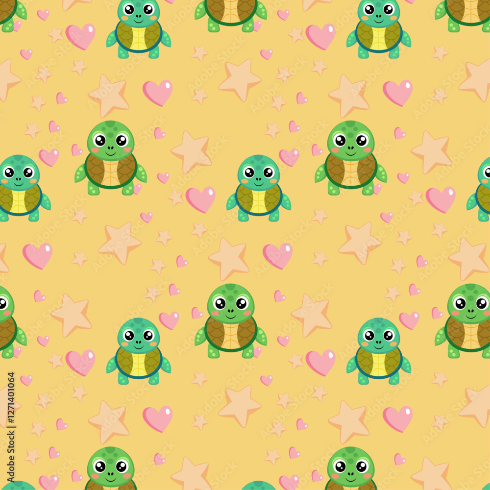 Obraz premium Playful Cartoon Turtles, Hearts, and Stars on Light Yellow Background