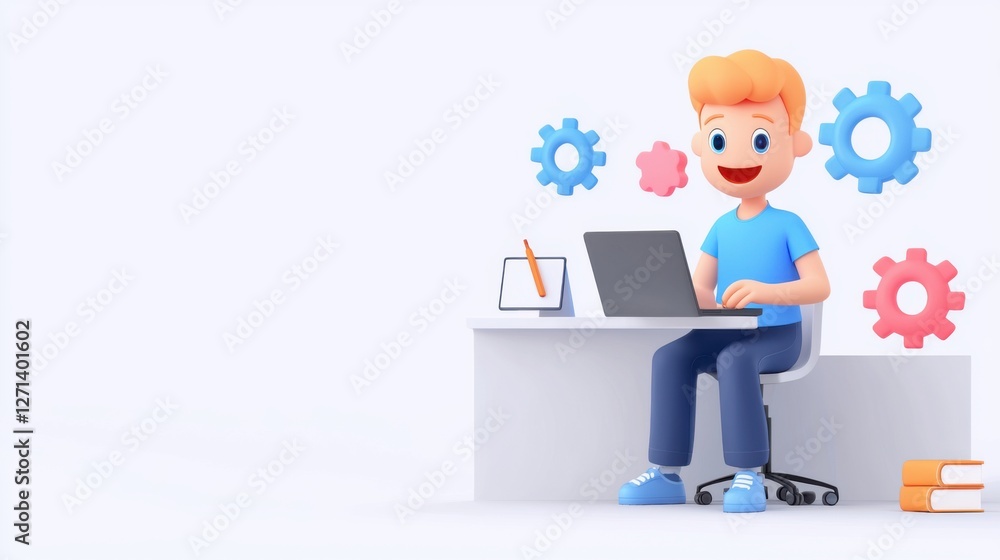 Customer feedback shapes satisfaction and perception. Cheerful character working at a desk with gears in the background. Customer feedback shapes satisfaction and perception. Cheerful character working at a desk with gears in the background.