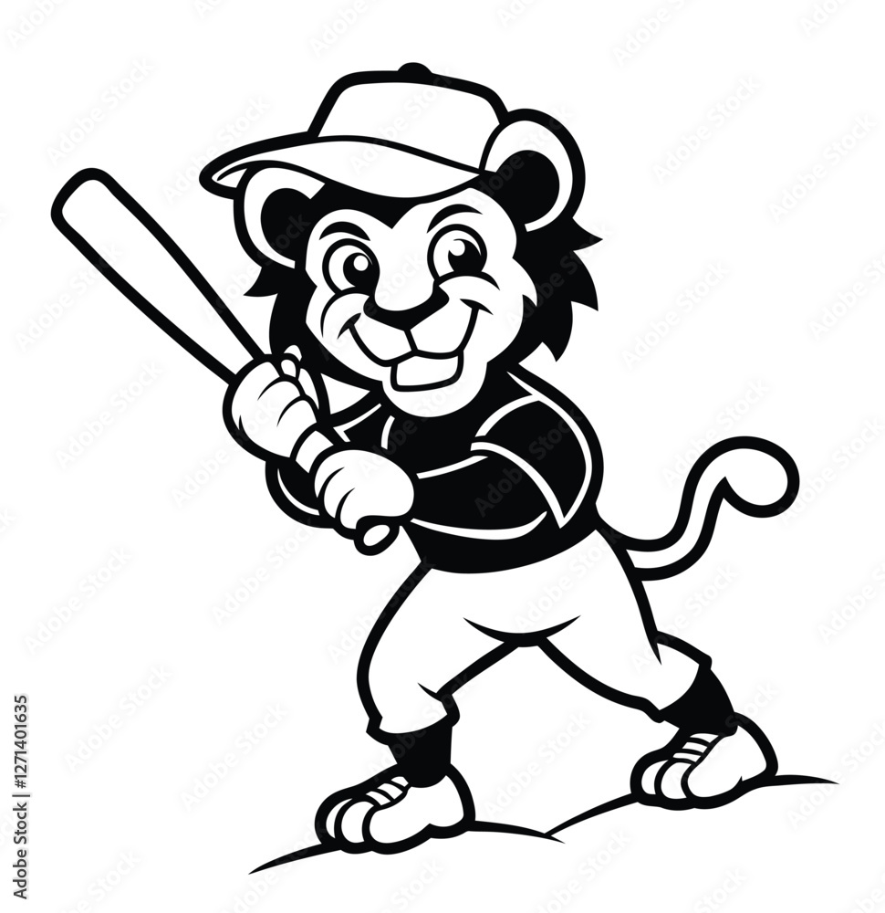 Cartoon Lion Baseball Player Mascot Vector Logo – Black and White Sports Illustration Cartoon Lion Baseball Player Mascot Vector Logo – Black and White Sports Illustration