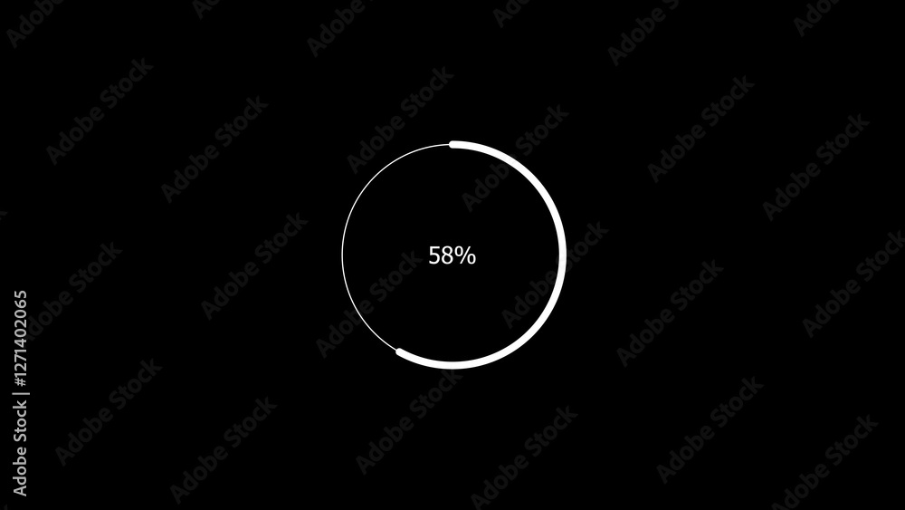 Abstract 58% number percent circle loading pie chart circle modern design white color 4k illustration black background. Abstract 58% number percent circle loading pie chart circle modern design white color 4k illustration black background.