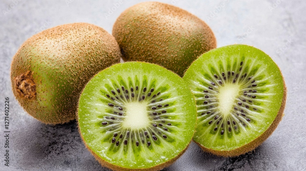 Fototapeta premium Three Ripe Kiwifruits on Gray Surface