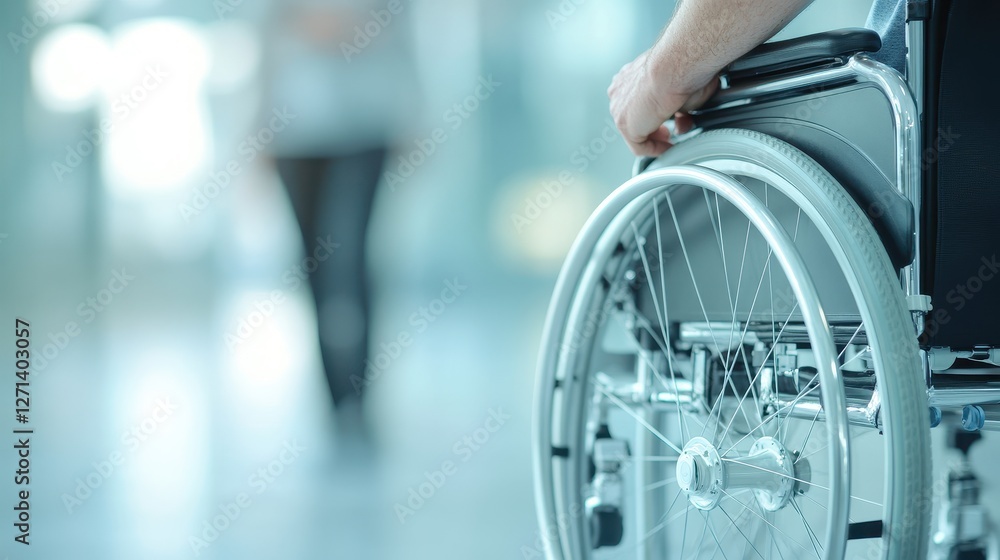 Fototapeta premium Person pushing a wheelchair, blurred background in a bright, spacious environment, theme of assistance and mobility.