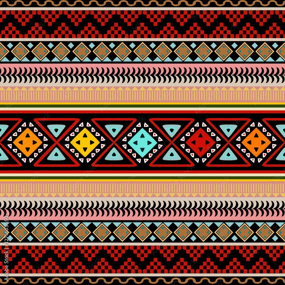 American ethnic tribal fabric pattern featuring a geometric style with striking red, pink, and blue tones. The dark background ethnic the contrast, adding prominence ethnic and a playful energy to the American ethnic tribal fabric pattern featuring a geometric style with striking red, pink, and blue tones. The dark background ethnic the contrast, adding prominence ethnic and a playful energy to the