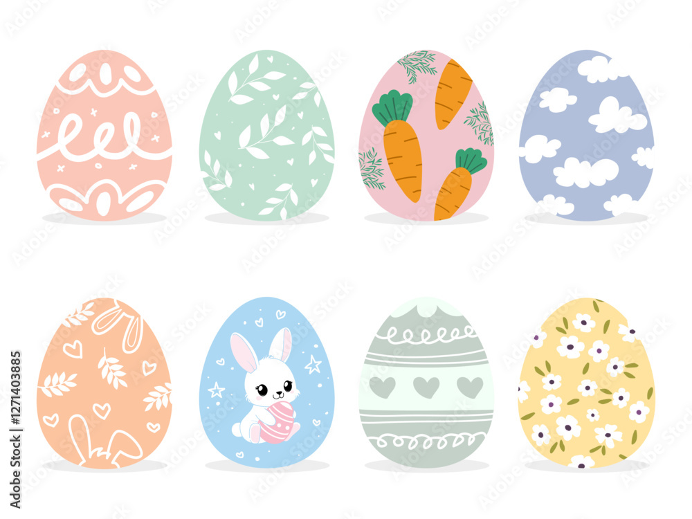 Easter eggs drawing clipart set. Happy easter egg flat clip art collection in colorful and multicolored paint art for traditional hunting celebration. Vector illustration flat oval shape elements. Easter eggs drawing clipart set. Happy easter egg flat clip art collection in colorful and multicolored paint art for traditional hunting celebration. Vector illustration flat oval shape elements.