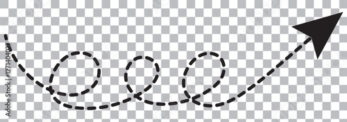 Black dotted thin arrows set. Wavy and curved dashed pointers collection. Wiggly sketchy direction lines. Dots squiggle loop stripe design elements bundle for flyer, poster, brochure. Vector