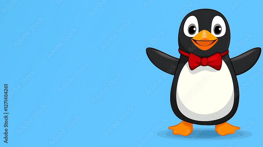 Obraz premium Cute penguin with bow tie, joyful pose, simple background, suitable for children's cards