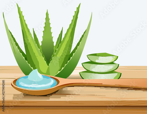 Aloe gel on wooden spoon with aloe sliced on wooden table