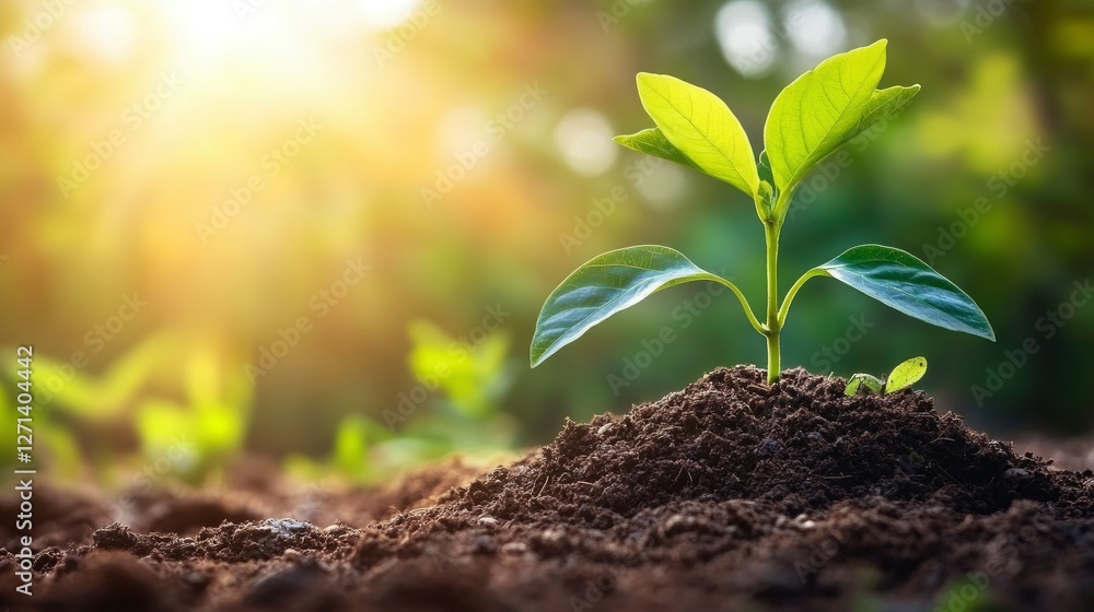 Fototapeta premium Young Sprout Growing in Rich Soil at Sunrise