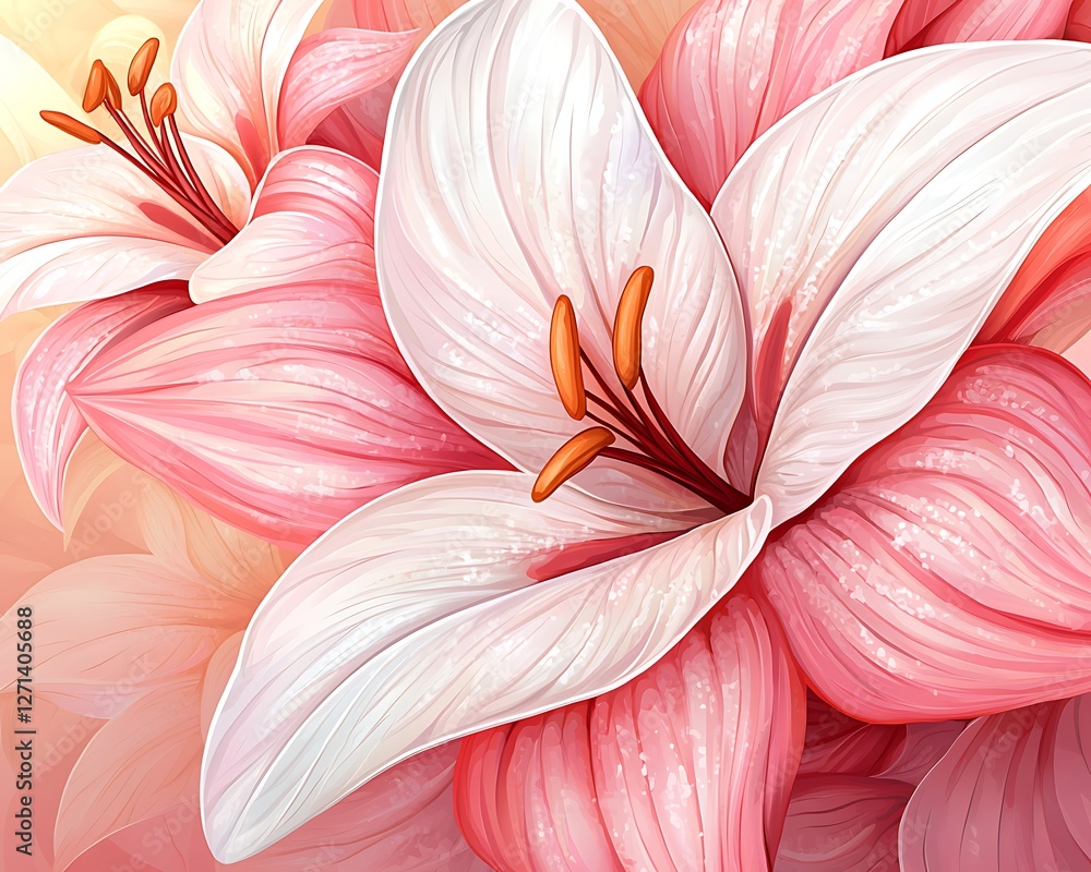 Fototapeta premium Delicate Pink Lilies in Soft Focus, Floral Background, Illustration