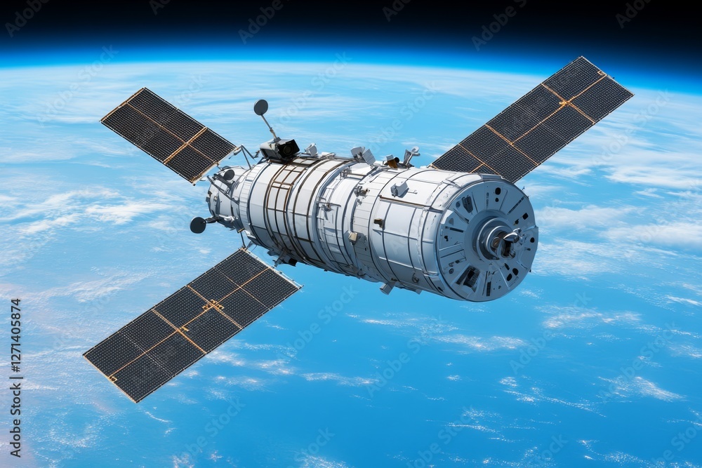 Fototapeta premium A satellite collecting global climate data while orbiting Earth, sending information back to scientists