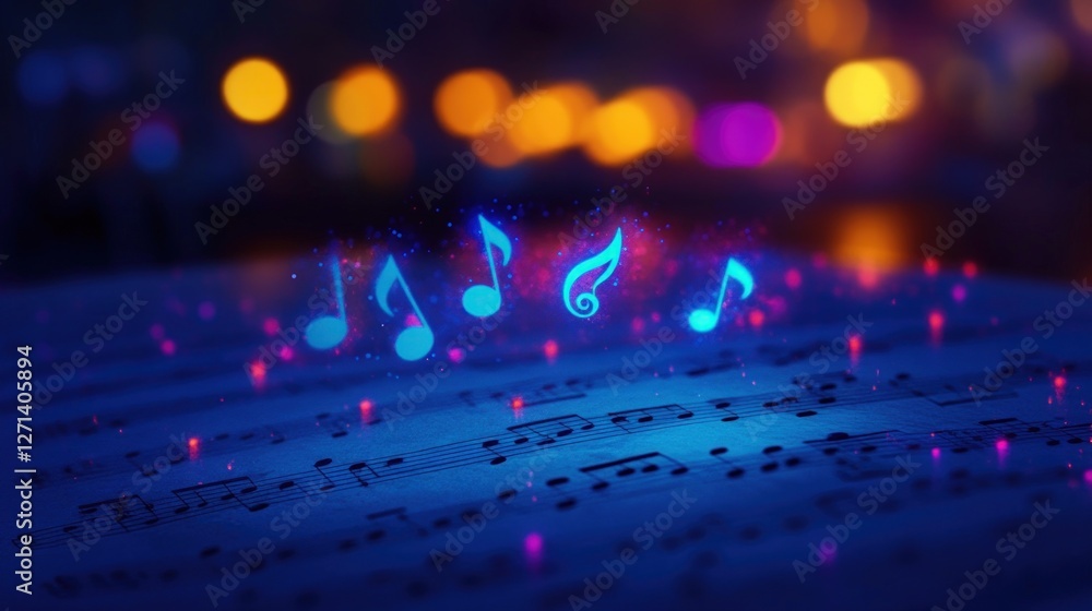 Glowing musical notes above sheet music, night, bokeh background, music website Glowing musical notes above sheet music, night, bokeh background, music website