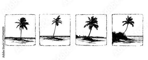 Hand Drawn Tree Illustrations On White Background Representing Tropical Vibes. For Design Use. Minimalistic