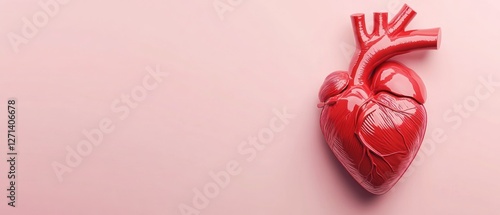 Realistic human heart on a soft pink background with copy space for a medical concept or education